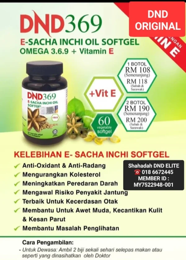 ORIGINAL DND369 E-SACHA INCHI OIL (SIO+VIT E : 60 VEGE SOFTGEL) × 1 BOTOL - Image 2