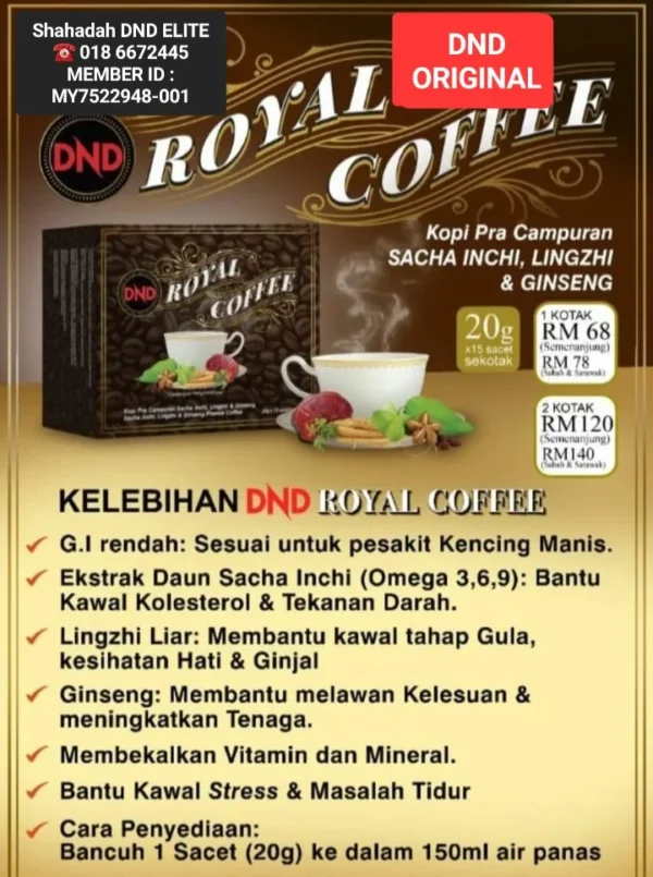 ORIGINAL DND ROYAL COFFEE (20G × 15 SACHETS) × 1 BOX - Image 2