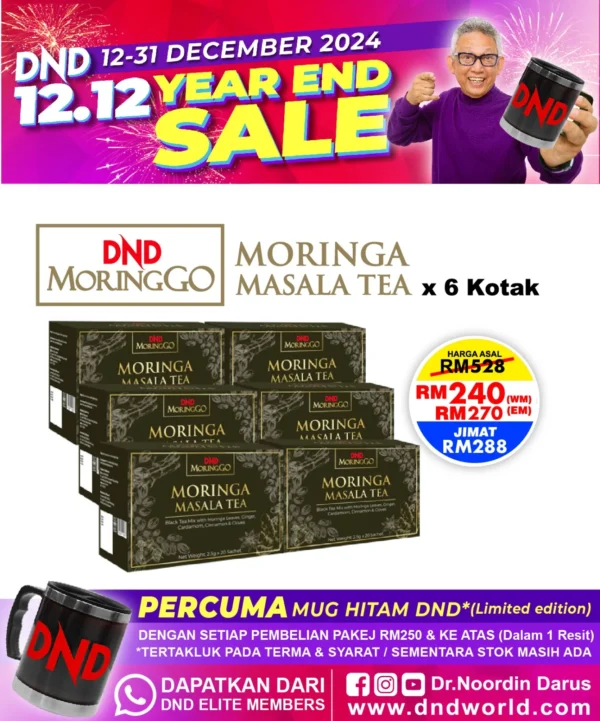 ORIGINAL : PACKAGE 21: DND MORINGGO MORINGA MASALA TEA (20 SACHETS X 2.5g) x 6 BOX