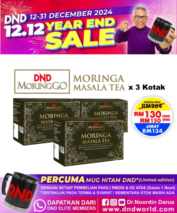 ORIGINAL : PACKAGE 20: DND MORINGGO MORINGA MASALA TEA (20 SACHETS X 2.5g) x 3 BOX