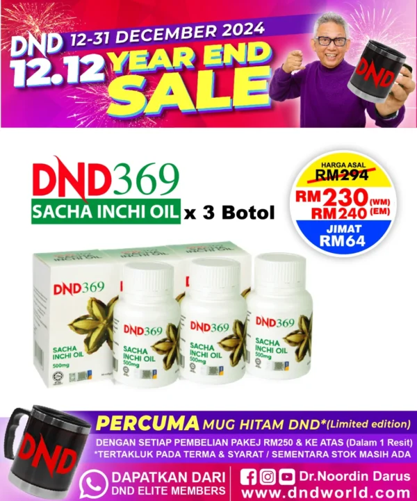 ORIGINAL : PACKAGE 8- DND369 SACHA INCHI (60 VEGE SOFTGEL) X 3 BOTOL