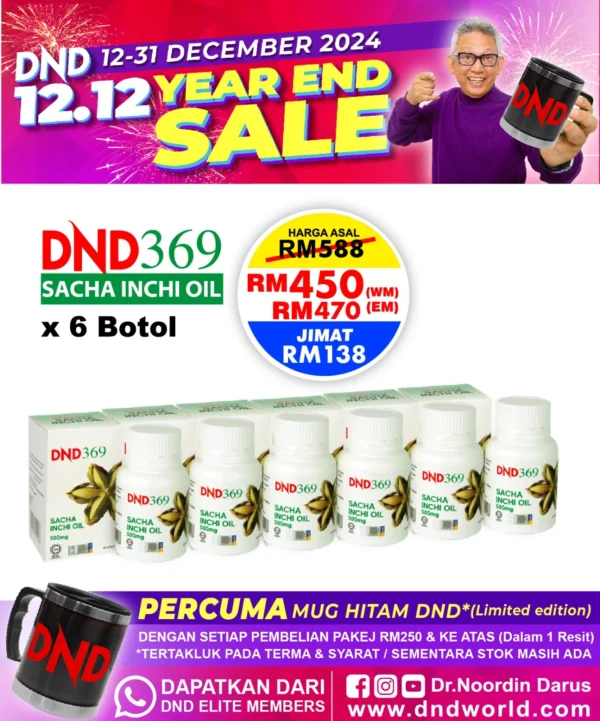 ORIGINAL  : PACKAGE 9 - DND369 SACHA INCHI (60 VEGE SOFTGEL) X 6 BOTOL