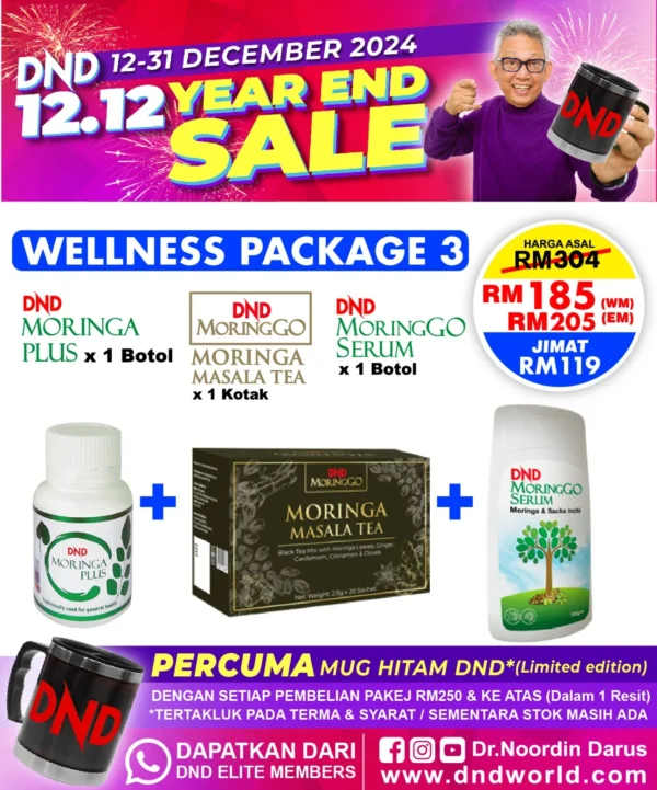 ORIGINAL : WELLNESS PACKAGE 3: 1 BOTOL DND MORINGA PLUS + 1 BOX MORINGA TEA + 1 BOTOL MORINGA SERUM