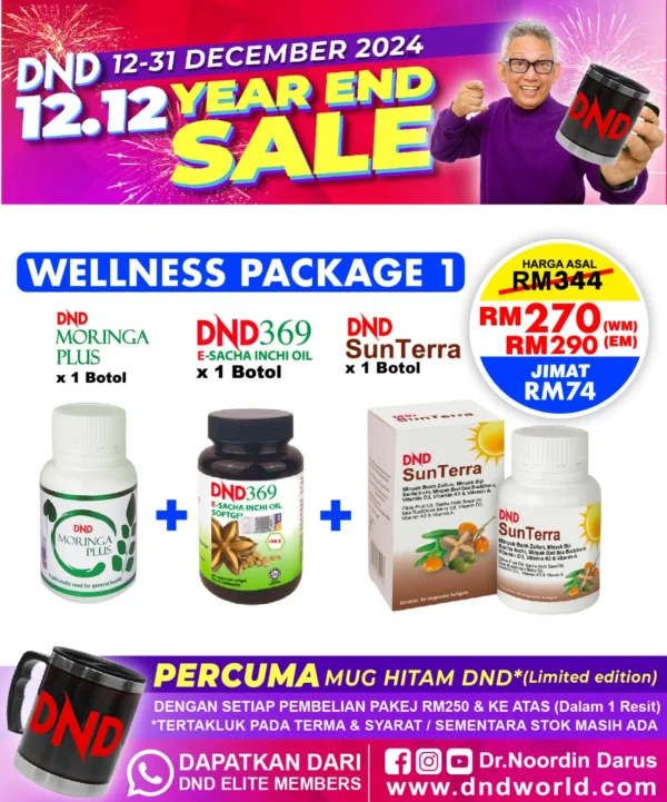 ORIGINAL : WELLNESS PACKAGE 1: (1 BOTOL DND369 E-SIO SOFTGEL + 1 BOTOL DND MORINGA PLUS + 1 BOTOL DND SUNTERRA SOFTGEL)