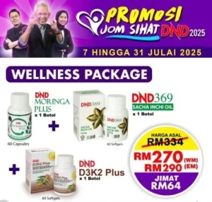 ORIGINAL : PACKAGE 2: WELLNESS PACKAGE (1 BOTOL DND369 SIO SOFTGEL + 1 BOTOL DND MORINGA PLUS + 1 BOTOL DND D3K2 PLUS SOFTGEL)