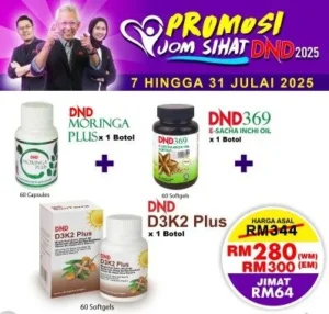 ORIGINAL : PACKAGE 3: WELLNESS PACKAGE (1 BOTOL DND369 E-SIO SOFTGEL + 1 BOTOL DND MORINGA PLUS + 1 BOTOL DND D3K2 PLUS SOFTGEL)