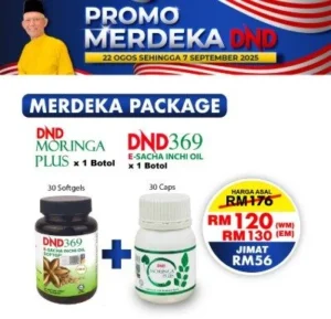 ORIGINAL :MERDEKA PACKAGE (1 BTL DND MORINGA PLUS (30 CAP) + 1 DND ESIO (30 SOFTGEL)