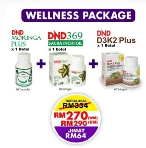 ORIGINAL : PACKAGE 2: WELLNESS PACKAGE (1 BOTOL DND369 SIO SOFTGEL + 1 BOTOL DND MORINGA PLUS + 1 BOTOL DND D3K2 PLUS SOFTGEL)