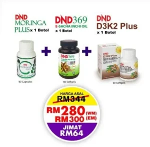 ORIGINAL : PACKAGE 3: WELLNESS PACKAGE (1 BOTOL DND369 E-SIO SOFTGEL + 1 BOTOL DND MORINGA PLUS + 1 BOTOL DND D3K2 PLUS SOFTGEL)