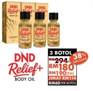 ORIGINAL : DND RELIEF+ BODY OIL (60ML) x 3 botol