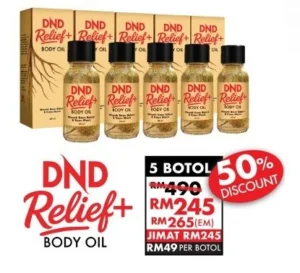 ORIGINAL : DND RELIEF+ BODY OIL (60ML) x 5 botol