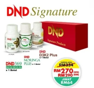 ORIGINAL :DND SIGNATURE: WELLNESS PACKAGE (1 BOTOL DND369 SIO SOFTGEL + 1 BOTOL DND MORINGA PLUS + 1 BOTOL DND D3K2 PLUS SOFTGEL)