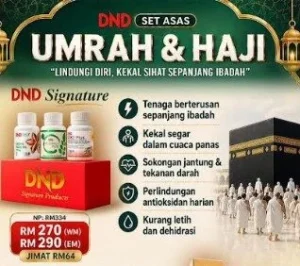 DND SET ASAS UMRAH & HAJI : DND SIGNATURE (1 BOTOL DND369 SIO SOFTGEL + 1 BOTOL DND MORINGA PLUS + 1 BOTOL DND D3K2 PLUS SOFTGEL)