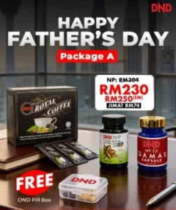 PAKEJ A: HAPPY FATHER'S DAY (1 DND369 ESIO (60 CAP) + 1 DND QAMAS + 1 DND ROYAL COFFEE) + 1 FREE PILL BOX