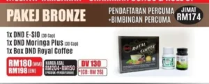 PACKAGE BRONZE: (1 DND MORINGA PLUS (30 CAP) + 1 DND369 ESIO (30 CAP) + 1 DND ROYAL COFFEE)