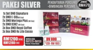 PACKAGE SILVER:(1 DND SIGNATURE + 2 DND MORINGA PLUS (60 CAP) + 2 DND369 ESIO (60 CAP) + 2 DND D2K2 PLUS (60 CAP) + 3 DND ROYAL COFFEE + 3 DND RXLITE COCOA)