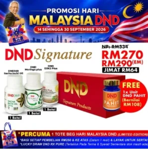 PACKAGE 1: DND SIGNATURE (1 BOTOL DND369 SIO SOFTGEL + 1 BOTOL DND MORINGA PLUS + 1 BOTOL DND D3K2 PLUS SOFTGEL + FREE 1 BTL PAHIT