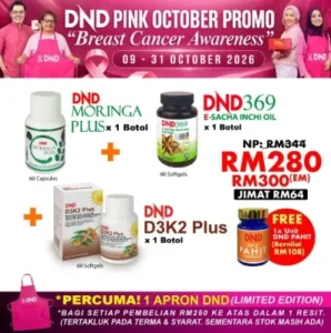 PACKAGE 2: WELLNESS PACKAGE (1 BOTOL DND369 E-SIO SOFTGEL + 1 BOTOL DND MORINGA PLUS + 1 BOTOL DND D3K2 PLUS SOFTGEL) + FREE 1 BTL DND PAHIT